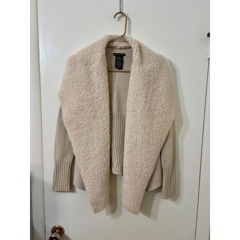Chelsea & Theodore Small Oyster Faux Suede & Sherpa Flyaway Cardigan Knit